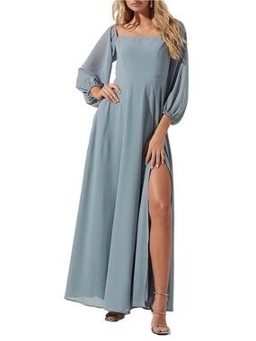 ASTR The Label Lucinda Dusty Blue Maxi Dress Medium Off Shoulder Puff Sleeve